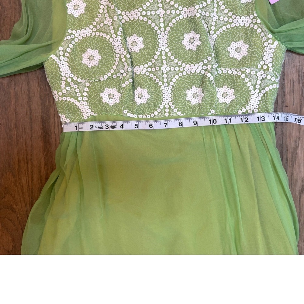 Vintage 1970s Lime Green Chiffon Dress Crochet Sequin Bodice Sheer Sleeve 70s - Picture 7 of 12